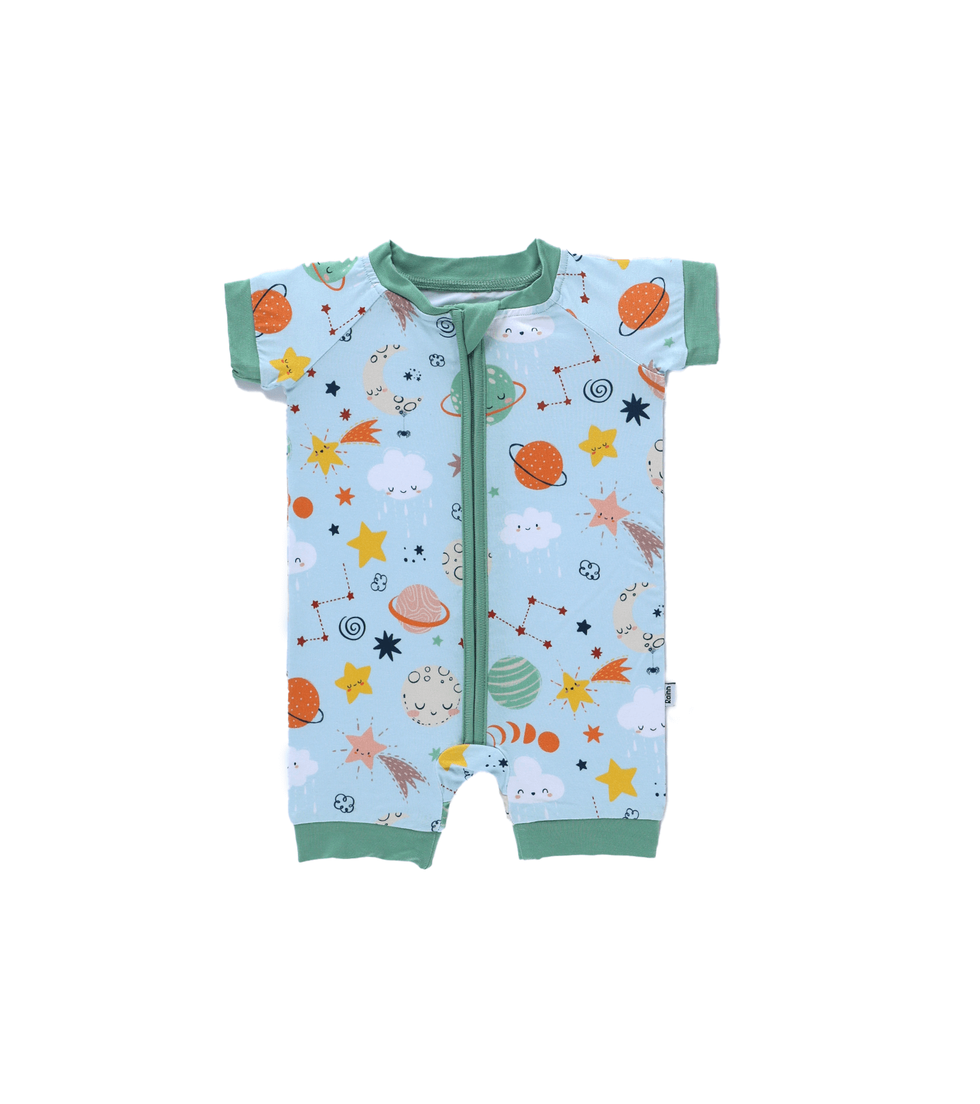 Bamboo Short Zipp Romper in cosmic print with planets and stars, perfect for babies, soft and breathable fabric.