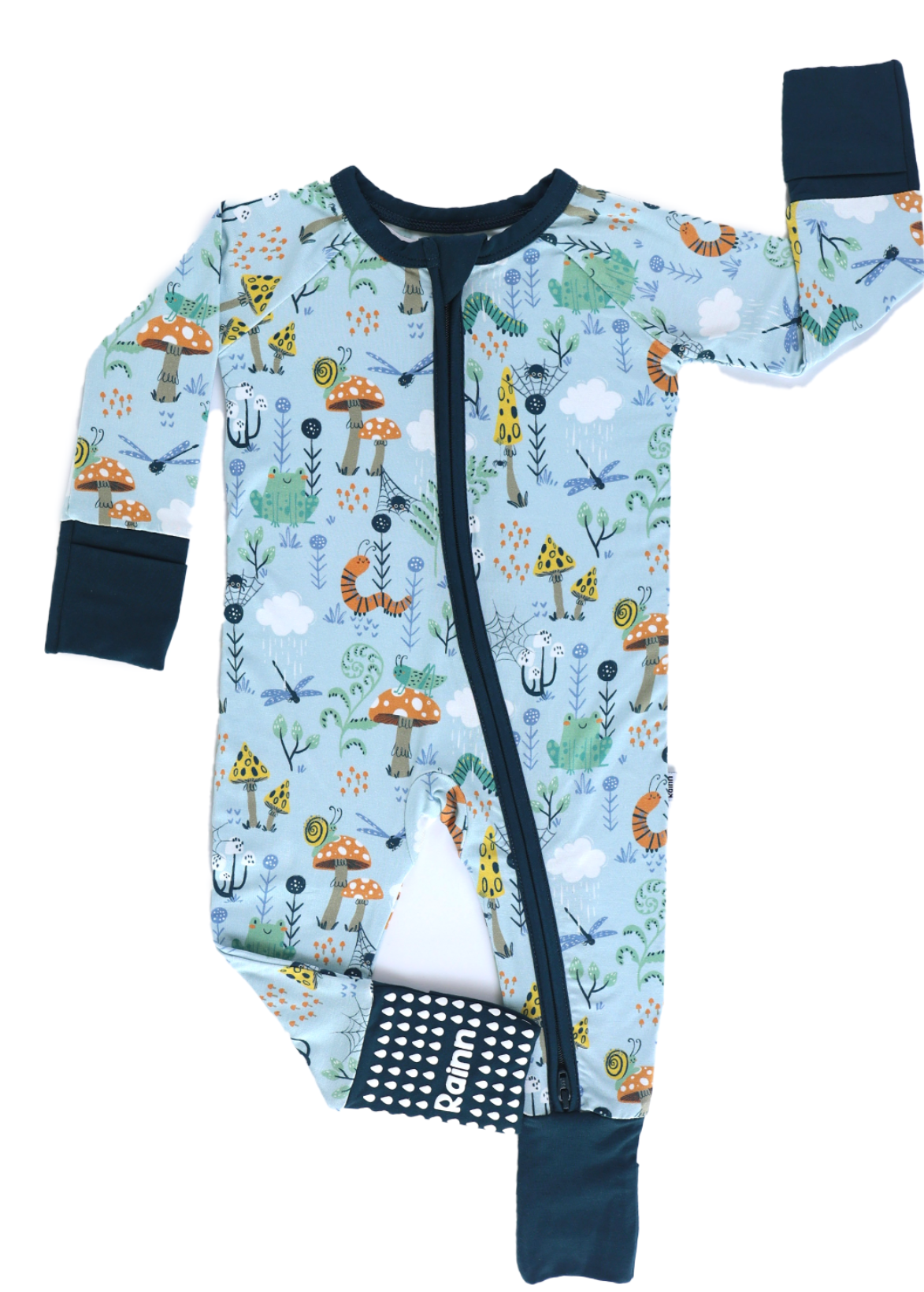 Bamboo Zipp Jammies with forest critter print featuring frogs, snails, and dragonflies.
