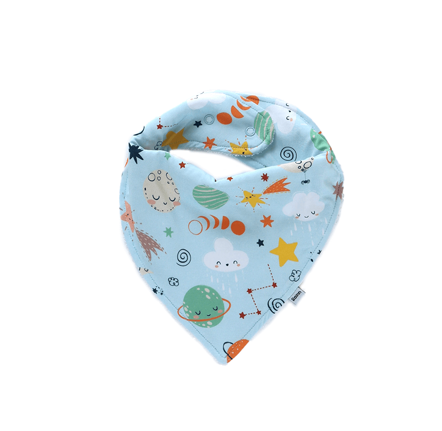Bamboo bandana bib in cosmic space theme with planets, stars, and clouds on a light blue background.