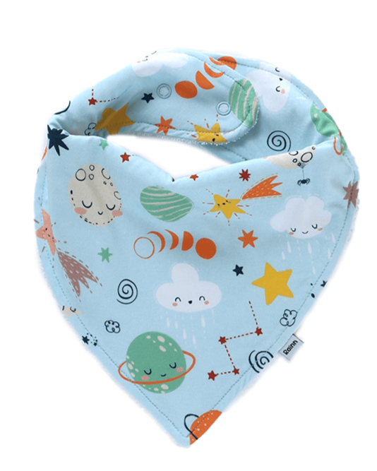 Bamboo bandana bib in cosmic space theme with planets, stars, and clouds on a light blue background.
