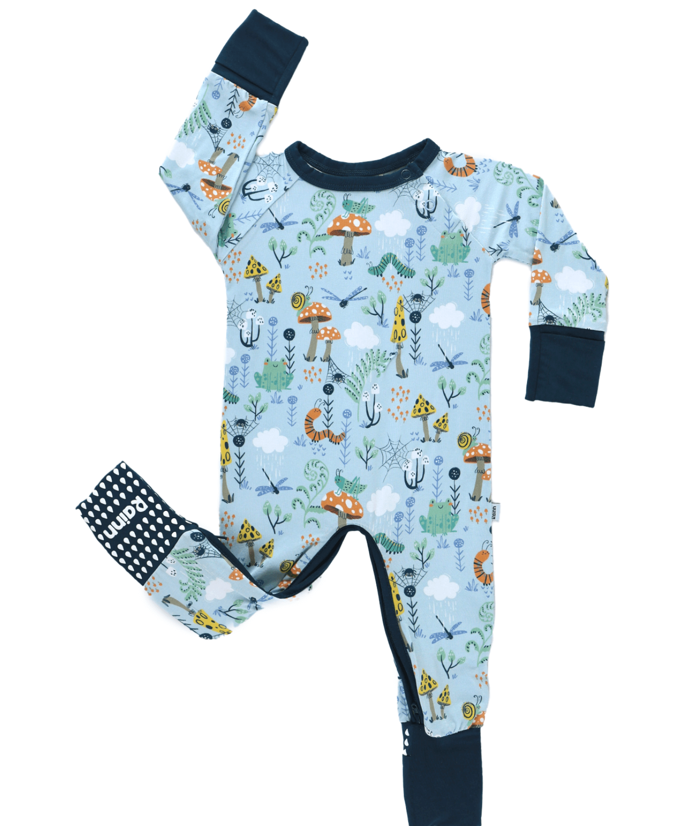 Bamboo Crescent Zipp Jammies with whimsical forest critter print, featuring mushrooms, frogs, dragonflies, and cheerful woodland characters.