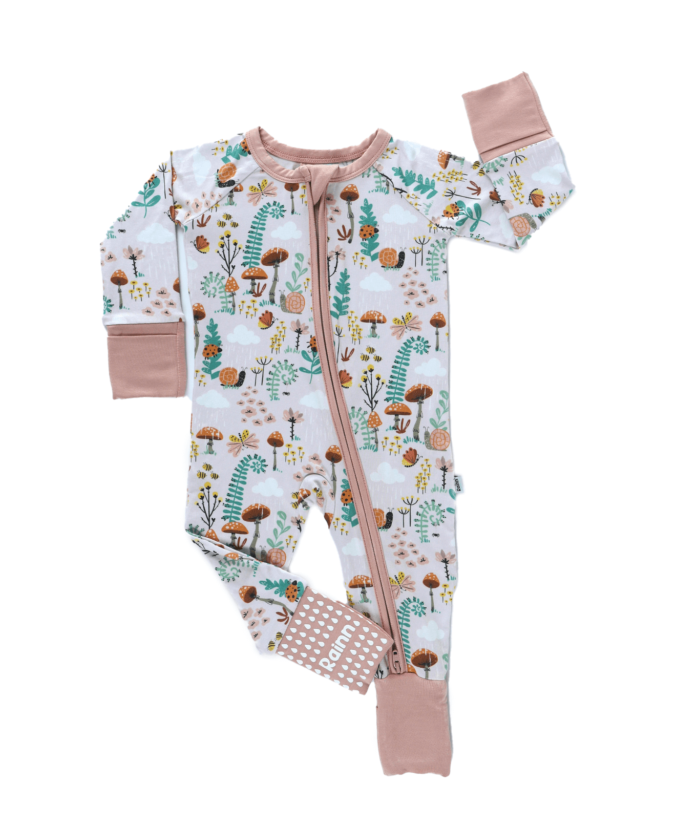 Bamboo Zipp Jammies in fern print featuring mushrooms and greenery, designed for comfort and breathability.
