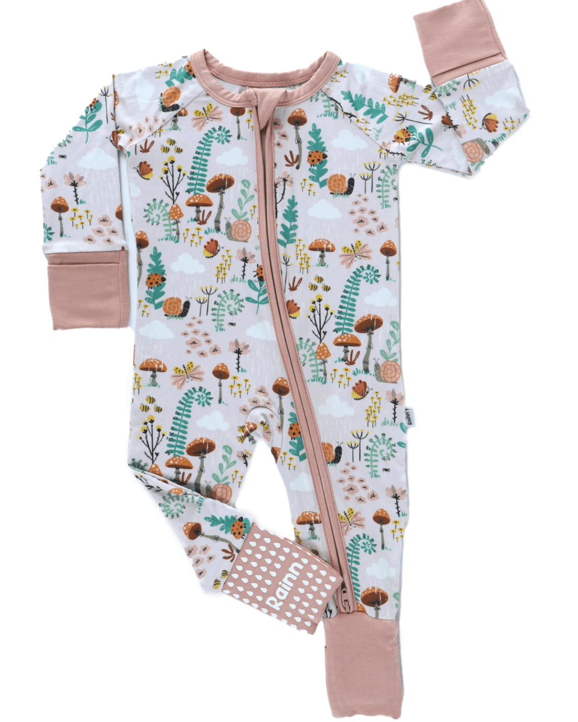 Bamboo Zipp Jammies in fern print featuring mushrooms and greenery, designed for comfort and breathability.