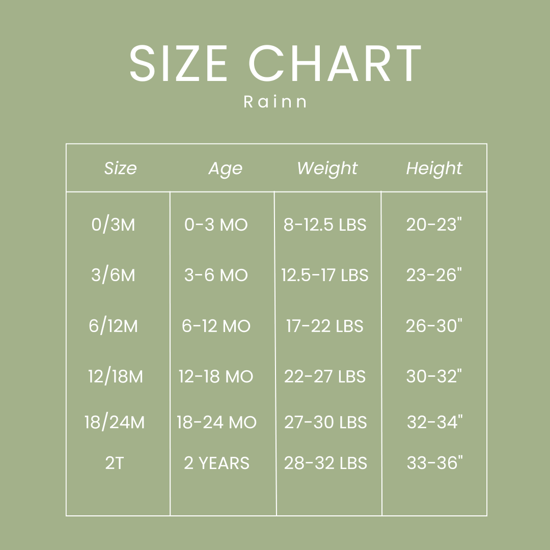 Rainn size chart showing age, weight, and height for baby clothing sizes 0/3M to 2T, all in soft earthy tones.