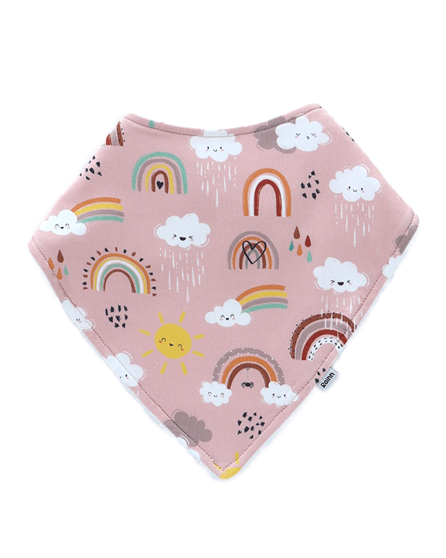 Bamboo Bandana Bib with playful rainbow print and soft clouds, perfect for teething and drool protection.