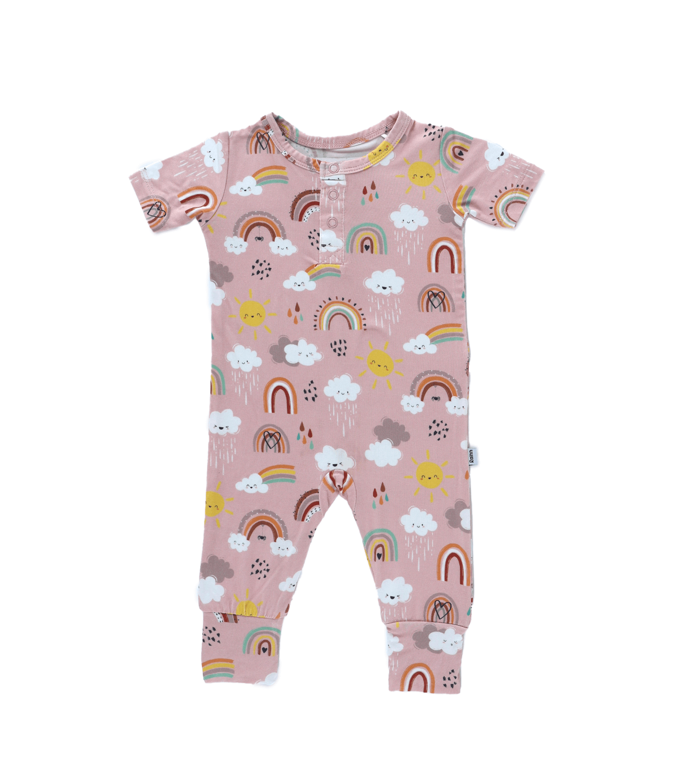 Rainnbow pull up romper in soft, breathable bamboo with rainbow and sun print, perfect for cozy baby moments.