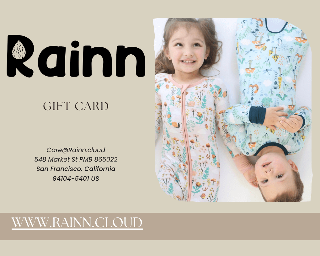 Rainn Gift Card with playful children in cozy outfits promoting comfort and thoughtful design. Perfect for parents and baby showers.