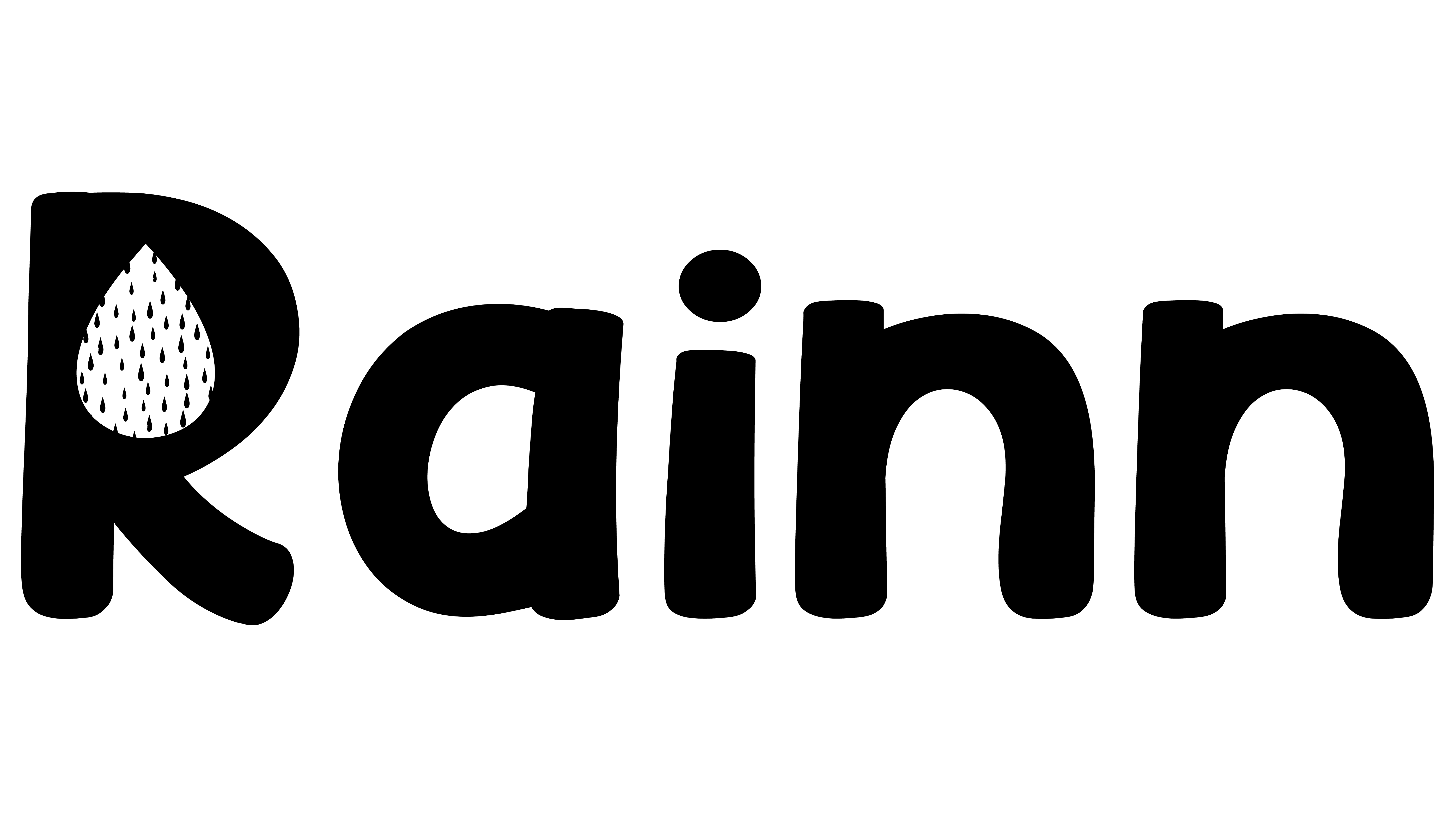 Rainn black logo with artistic water drop on the letter R, visual branding element.