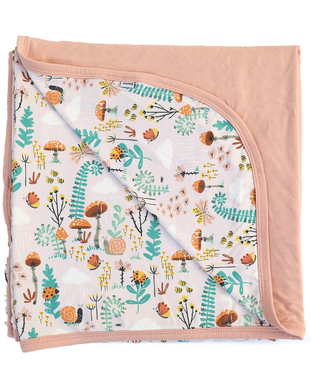 Bamboo Blanket with woodland design featuring ferns, snails, ladybugs, butterflies, and bees, perfect for a cozy natural-themed nap.