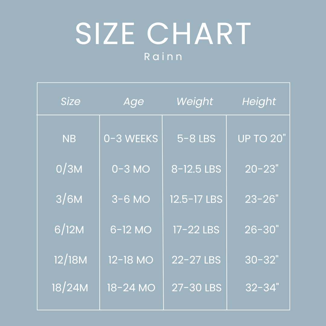 Rainn size chart displaying sizes for newborn to 24 months with age, weight, and height information.