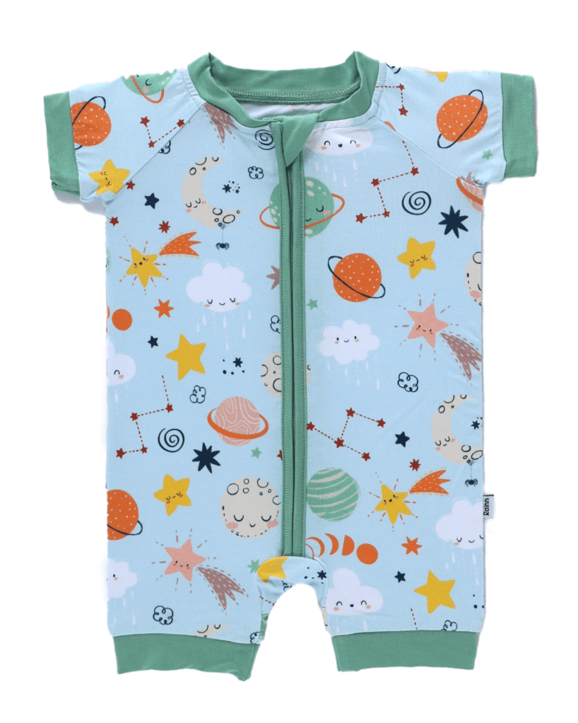 Bamboo Short Zipp Romper with cosmic print featuring moons and stars, designed for imaginative play.