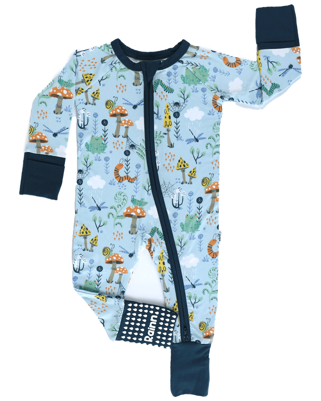 Bamboo Zipp Jammies with forest critter print featuring frogs, snails, and dragonflies.