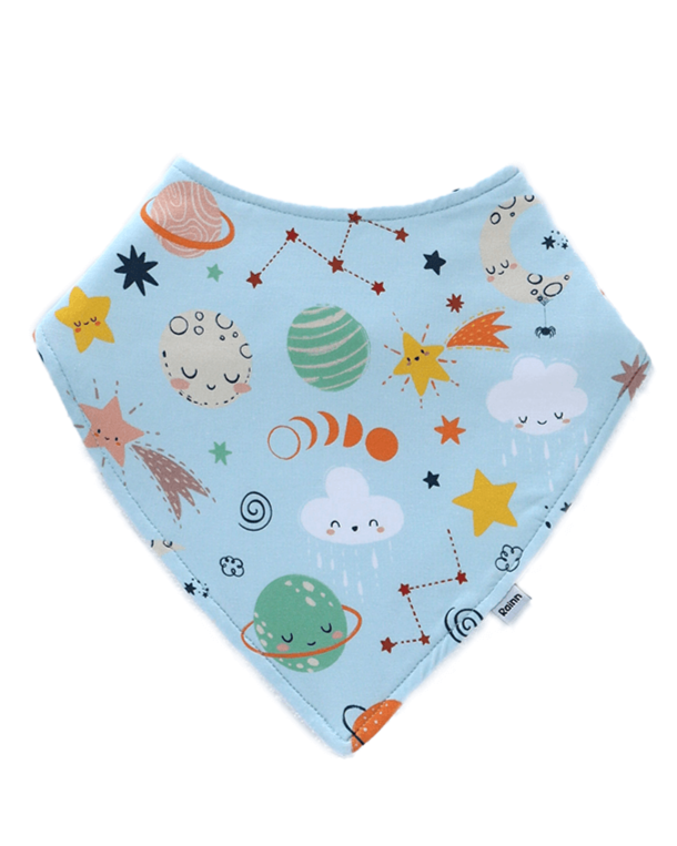 Bamboo bandana bib in cosmic design featuring planets, stars, and clouds, perfect for drooling babies.
