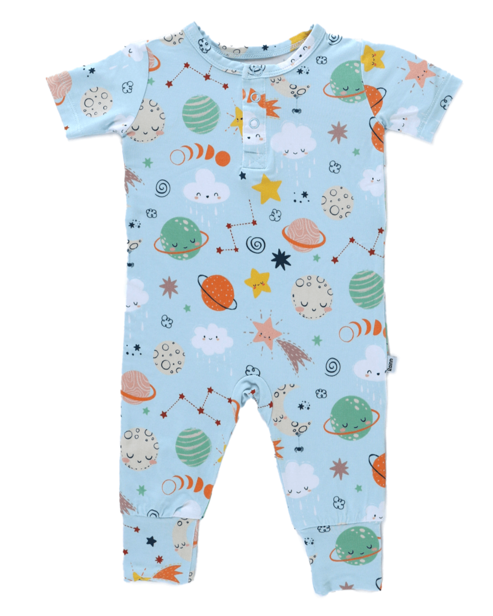 Bamboo Pull Up Romper - Cosmic print with smiling moons and stars