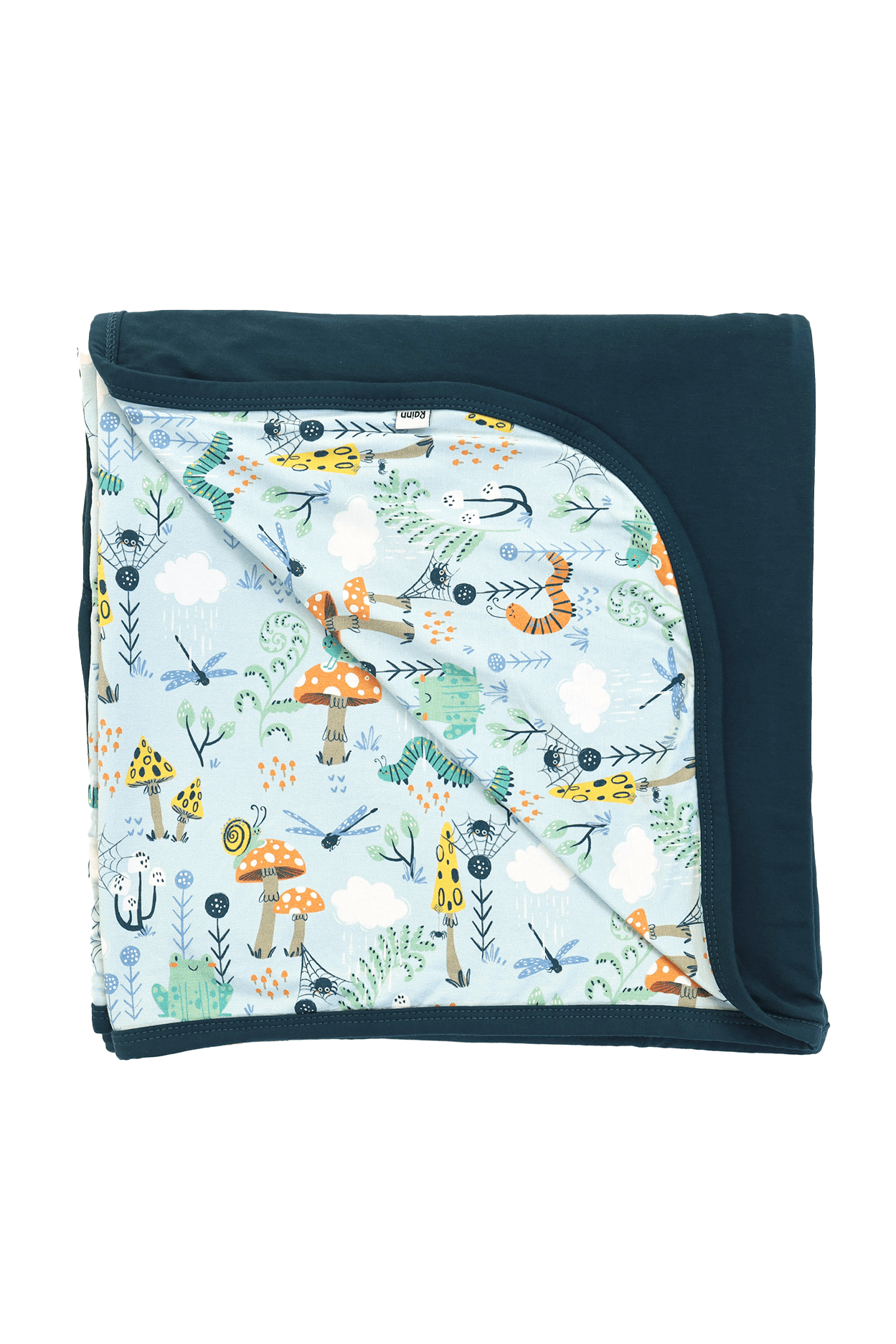 RainnCozy blanket in Fern print, featuring cute critters and mushrooms, soft bamboo, eco-friendly design, perfect for cozy moments.