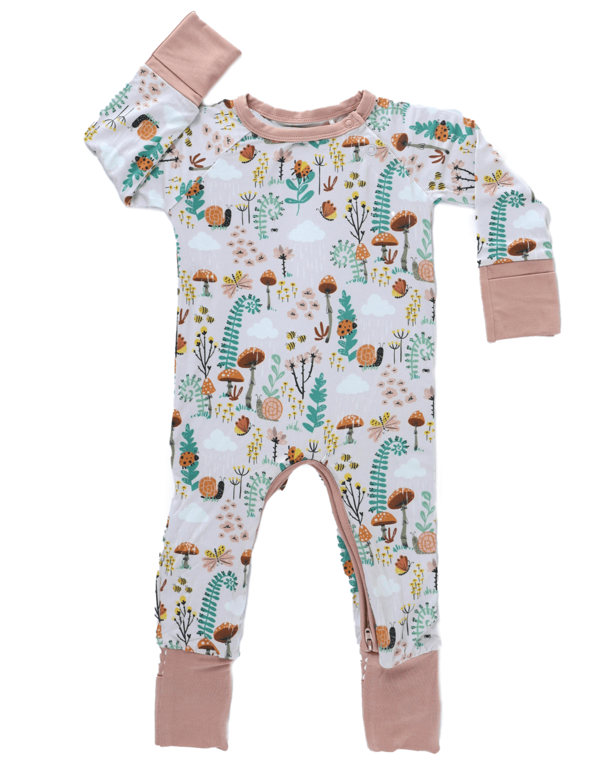 Bamboo crescent zipp jammies in fern design with woodland details like snails, ladybugs, and butterflies on a onesie.