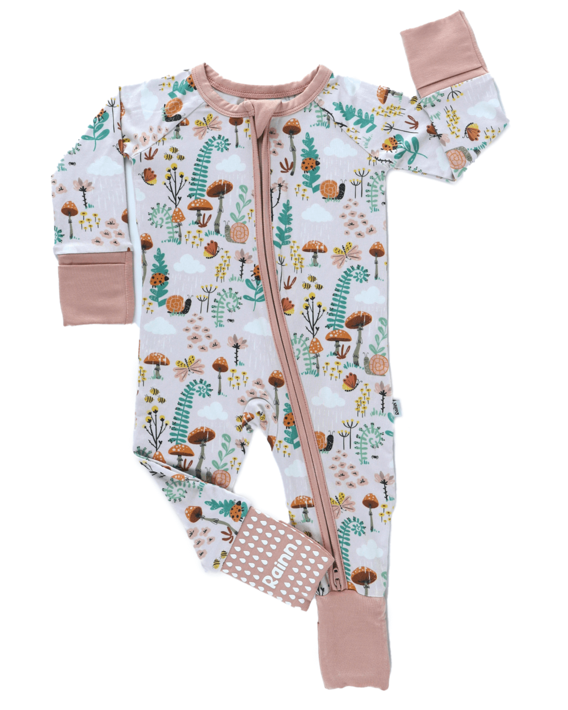 Bamboo Zipp Jammies in fern print featuring mushrooms and greenery, designed for comfort and breathability.