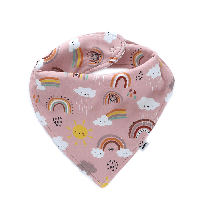 Rainnbow Bandana Dribble Bib in soft pink with rainbow and cloud print, perfect for gentle, eco-friendly babywear.