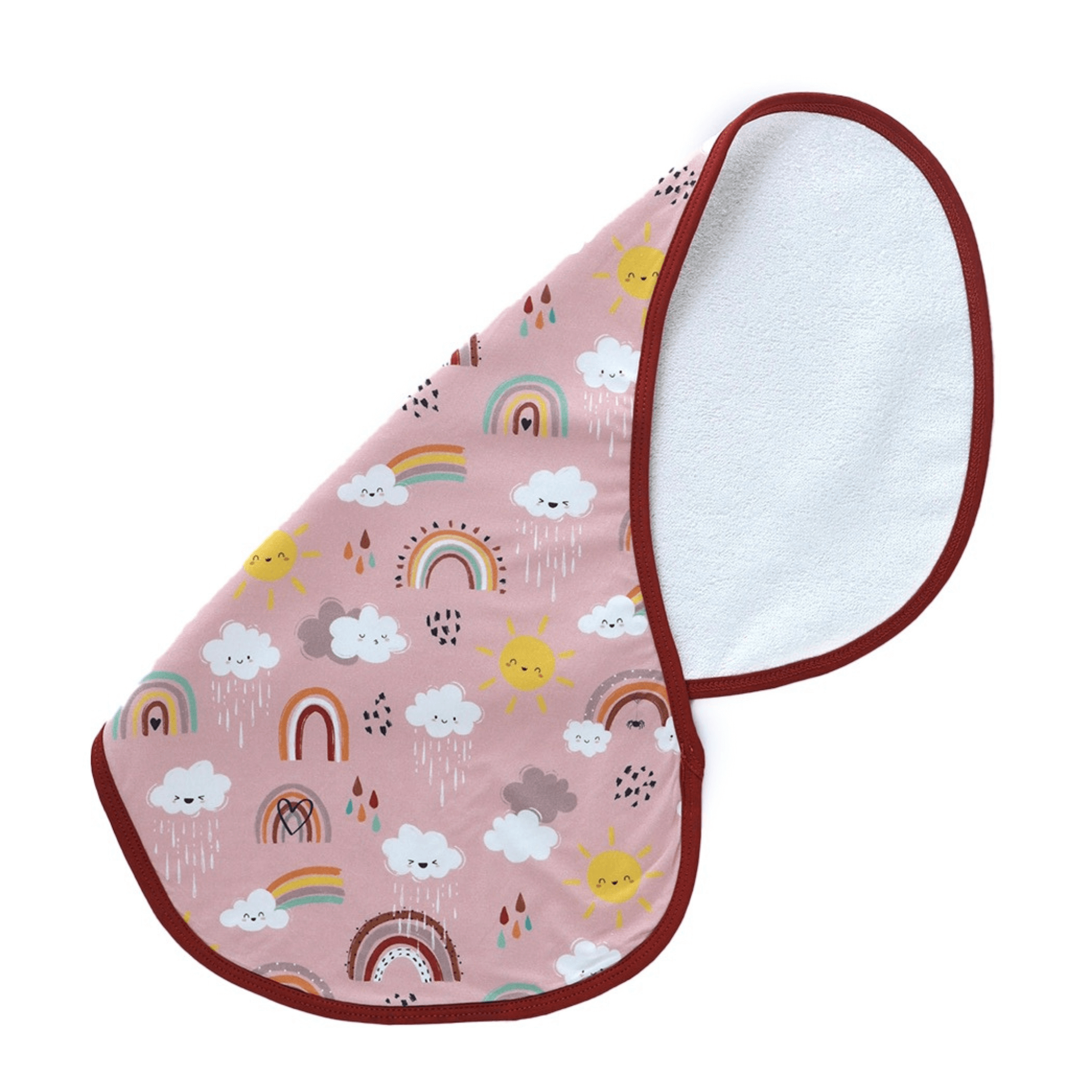 RainnWeave™ bamboo burp cloth with rainbow and cloud print, eco-friendly, soft and absorbent for sensitive baby skin.