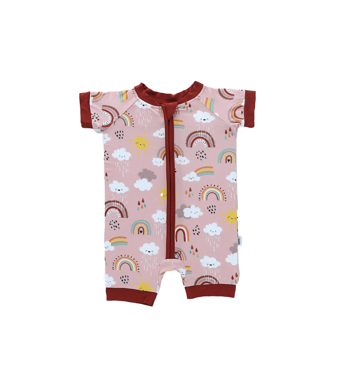Rainnbow Short Zipp Romper in playful rainbow print, eco-friendly bamboo soft and stretchy for babywear comfort.