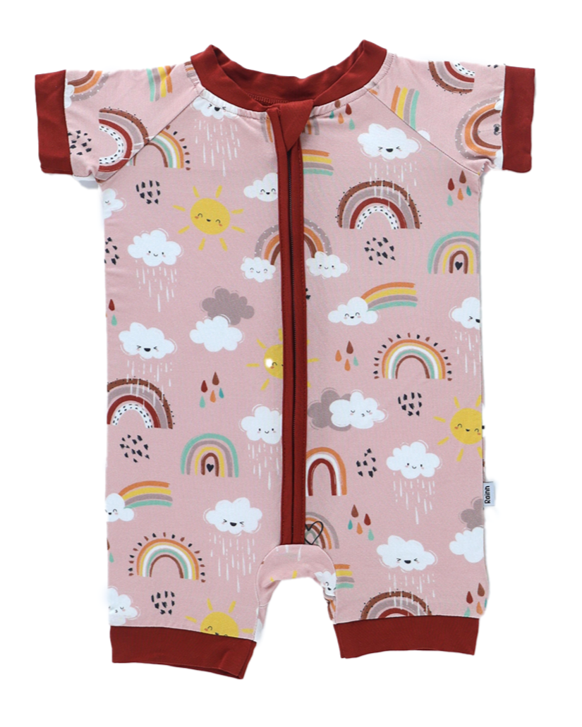Bamboo Short Romper with nature-inspired rainbow print and zip, perfect for toddlers’ adventures and capturing everyday magic moments.