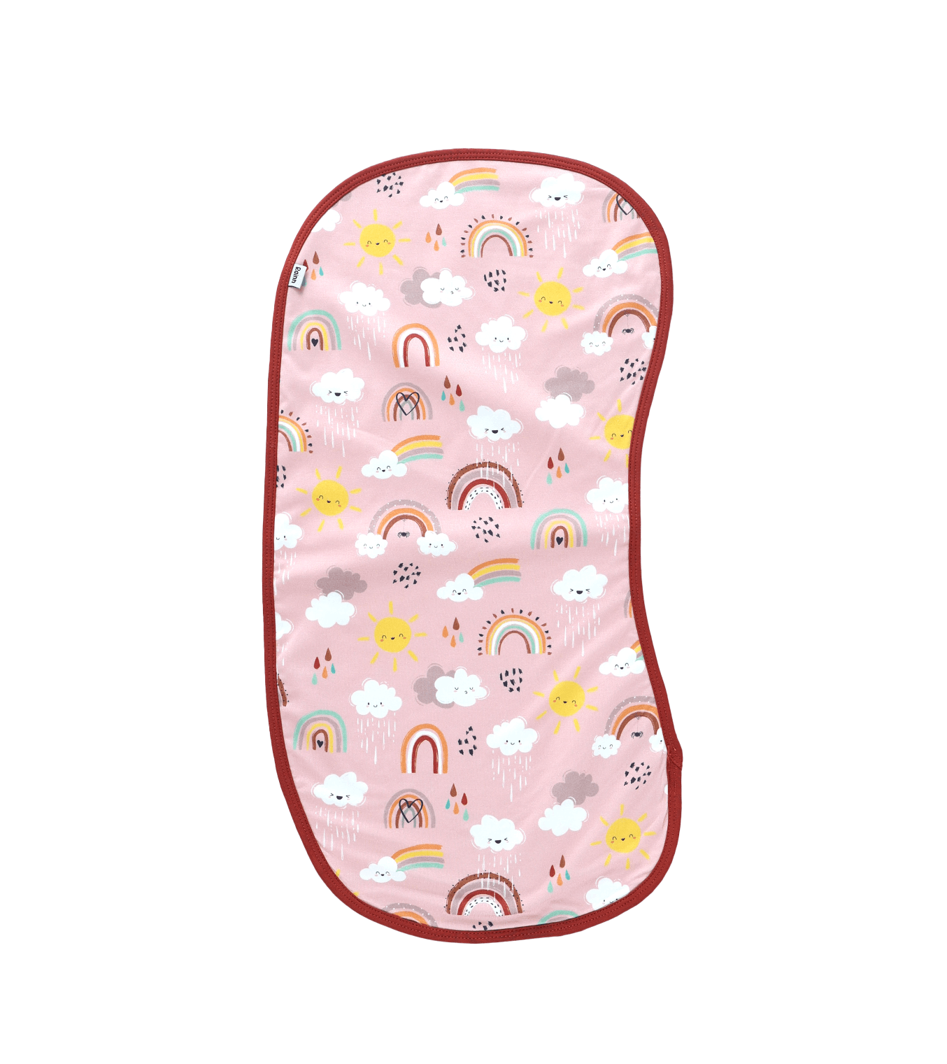 Rainnbow Shoulder Shield Burp Cloth in pink with rainbows and clouds, hypoallergenic and eco-friendly design.